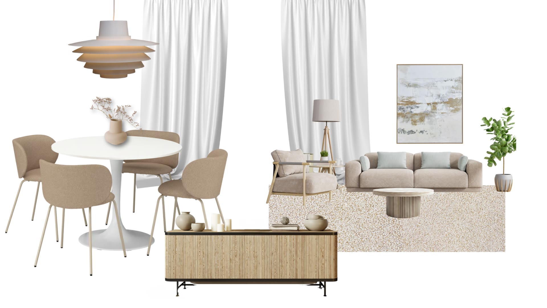 Moodboard: kuratierte Möbel- und Materialauswahl für dieses Staging